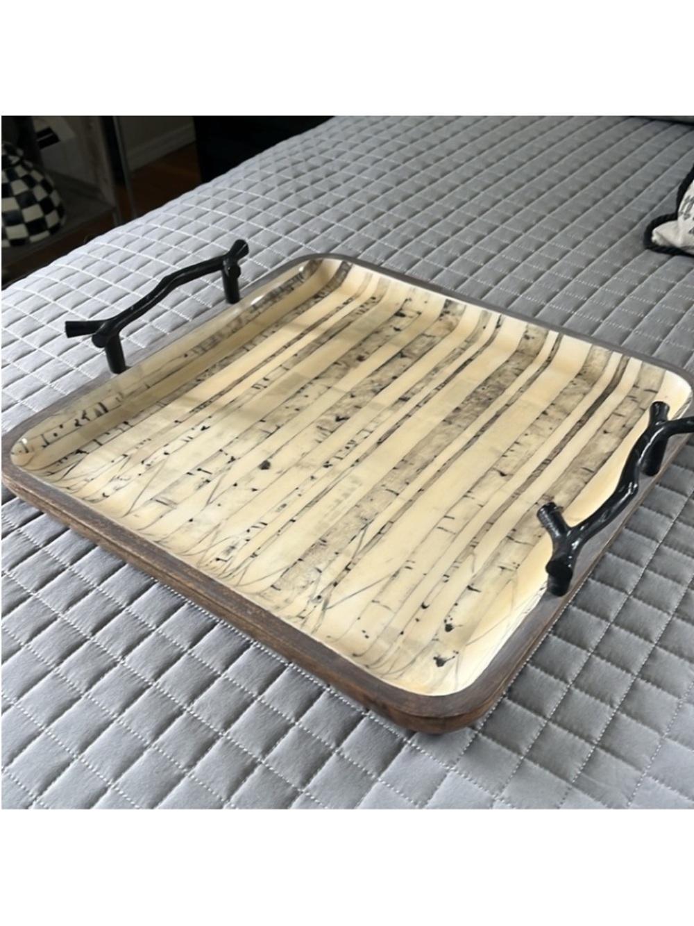 Handcrafted Serving Tray with Black Twig Handles and Cream Marbled Surface